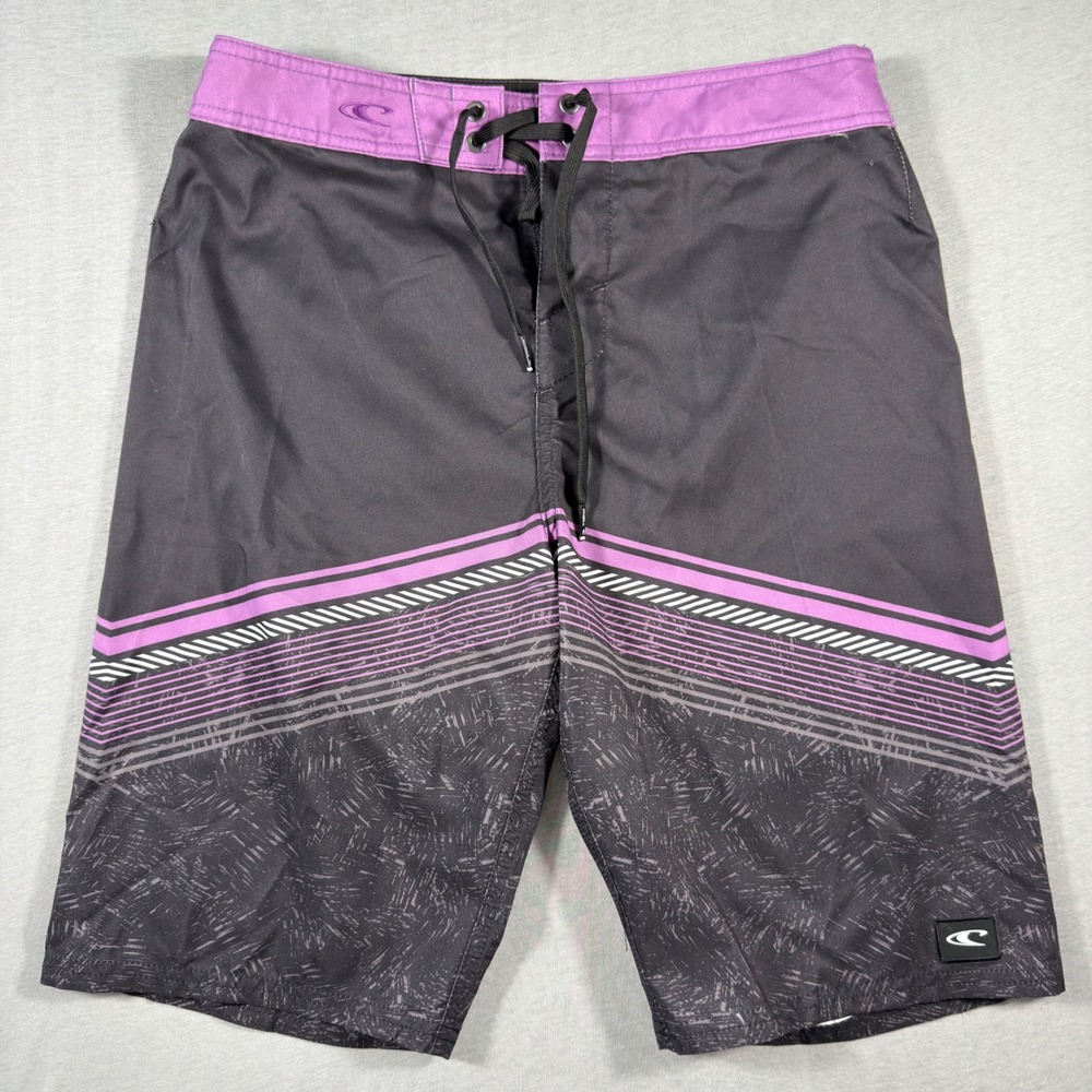 ONeill Mens Board Shorts Size 29 Black Purple Striped Surf Swim Trunks Graphic